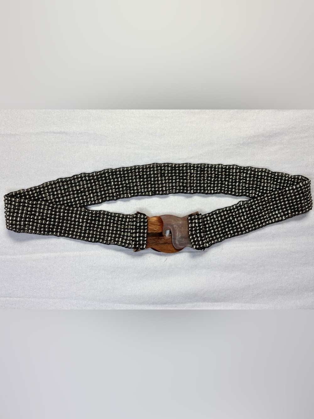 Vintage Beaded Stretch Belt Wood Buckle Gunmetal Boho Y2K Statement